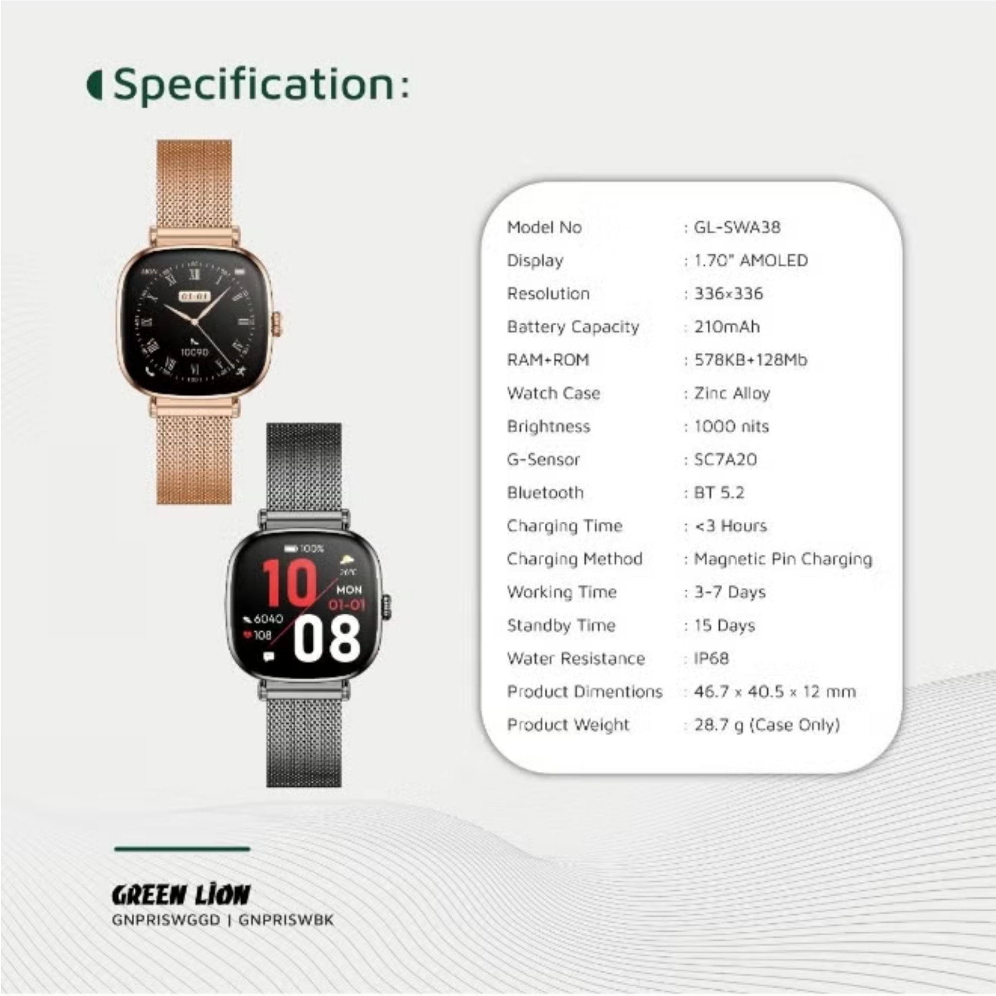 Green Lion Princess Smart Watch, 1.70" AMOLED Display, 336x336 Resolution, 1000 Nits Brightness, Bluetooth 5.2, Heart Rate & Blood Pressure Monitoring, IP68 Waterproof, Glossy Black