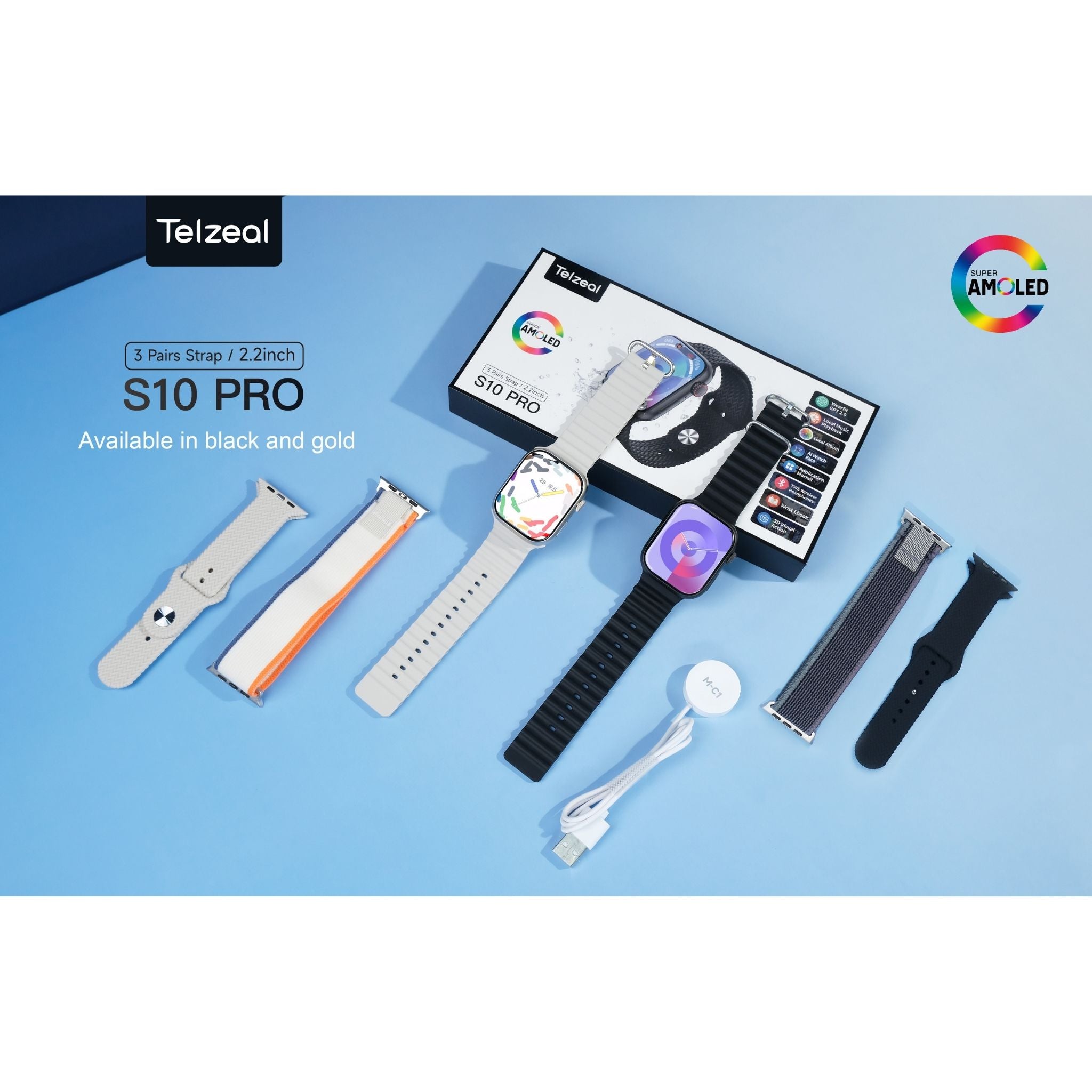 Telzeal S10 Pro AMOLED Display Smart Watch with 3 Pairs of Straps, Wireless Charger – Stylish, High-Resolution Display, Fitness Tracking, Heart Rate Monitoring, and More – Gold