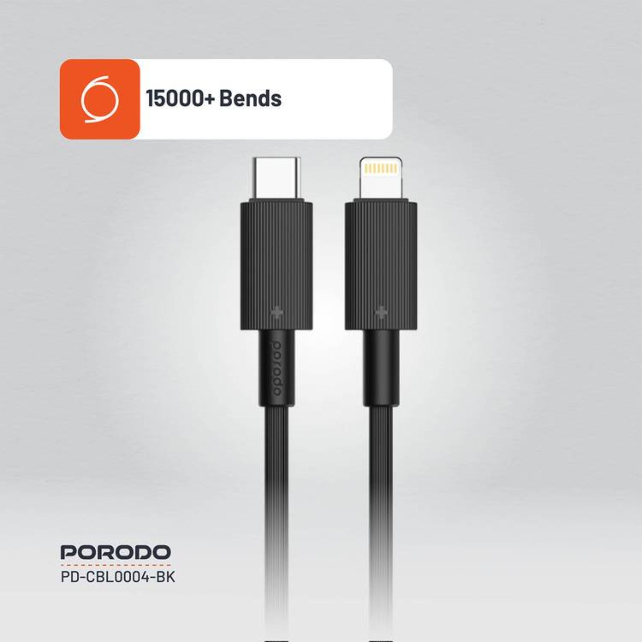 Porodo USB-C to Lightning PVC Cable, 480Mbps Transfer Speed, PD 27W, More than 15000 Bends Life Span, 1.2m Cable Length, Tangle Free - Black