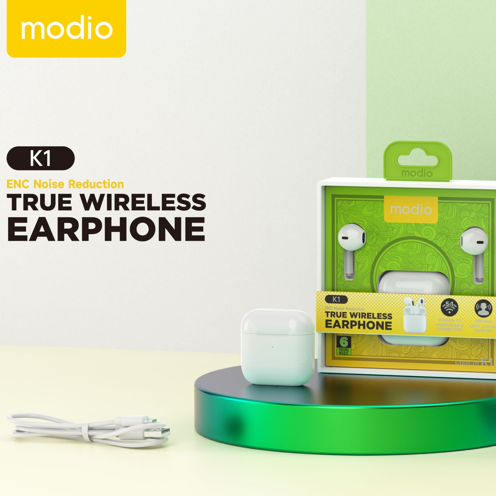 Modio K1 True Wireless Earbuds – White, In-Ear Comfort, Touch Controls, Bluetooth 5.1 Unbreakable Connection, HD Stereo Sound, Durable Long-Lasting Design, Wireless Headphones for Music & Calls
