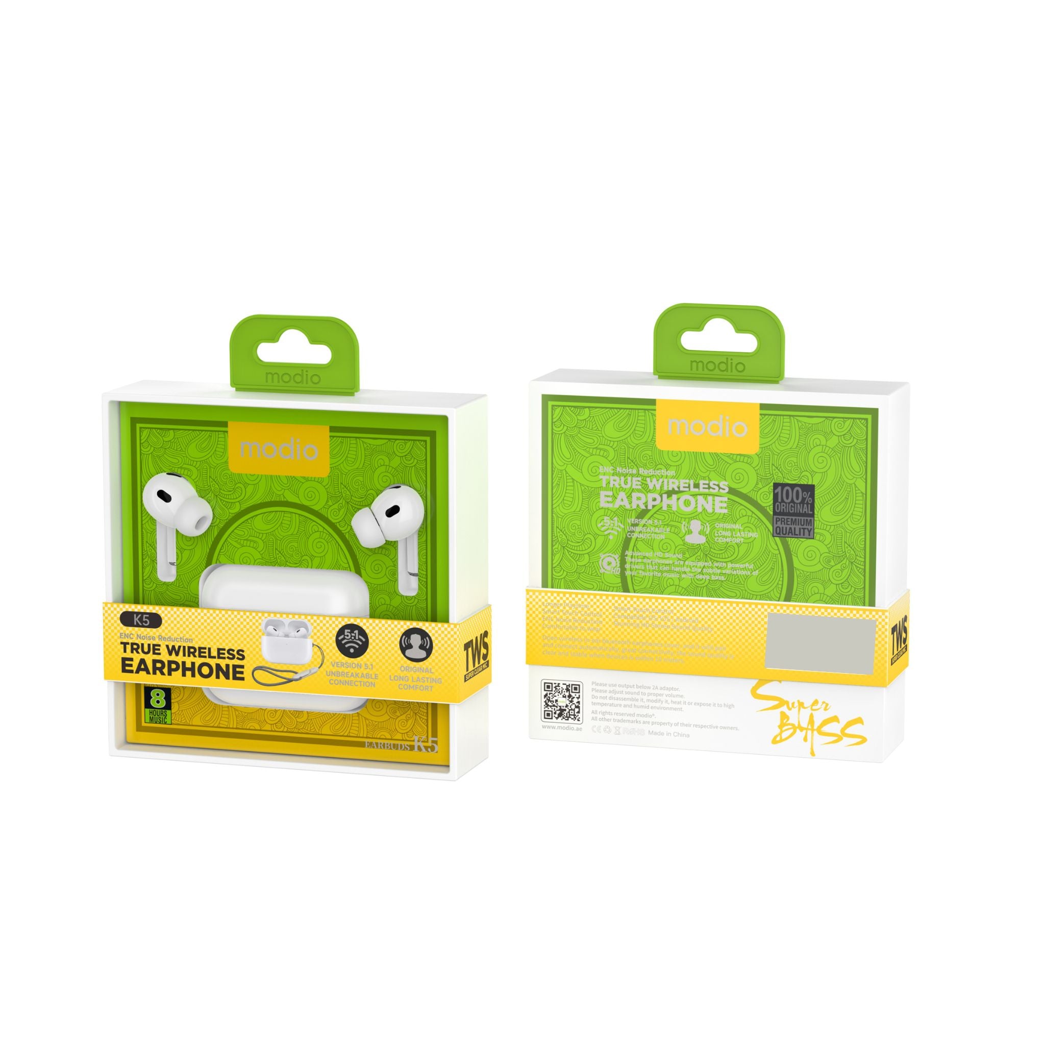 Modio K5 True Wireless Earphones – In-Ear, White, Ergonomic Comfort, Bluetooth V5.3, Ultra-Low Latency, Extended 10m Range, High-Quality Audio, Seamless Connectivity, Free Charging Case Included