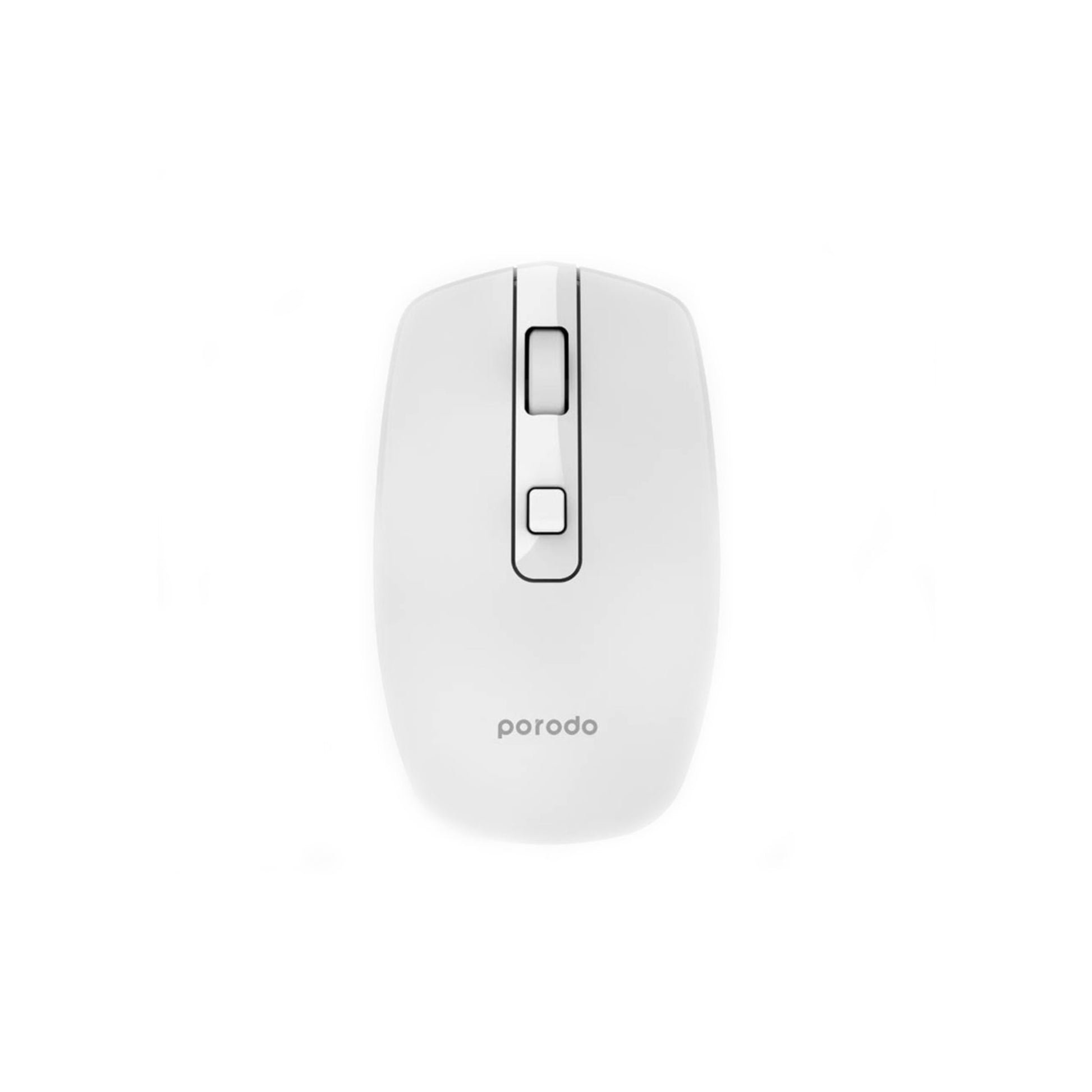 A white Porodo wireless rechargeable mouse with a 2.4GHz dongle on the left and Bluetooth V5.