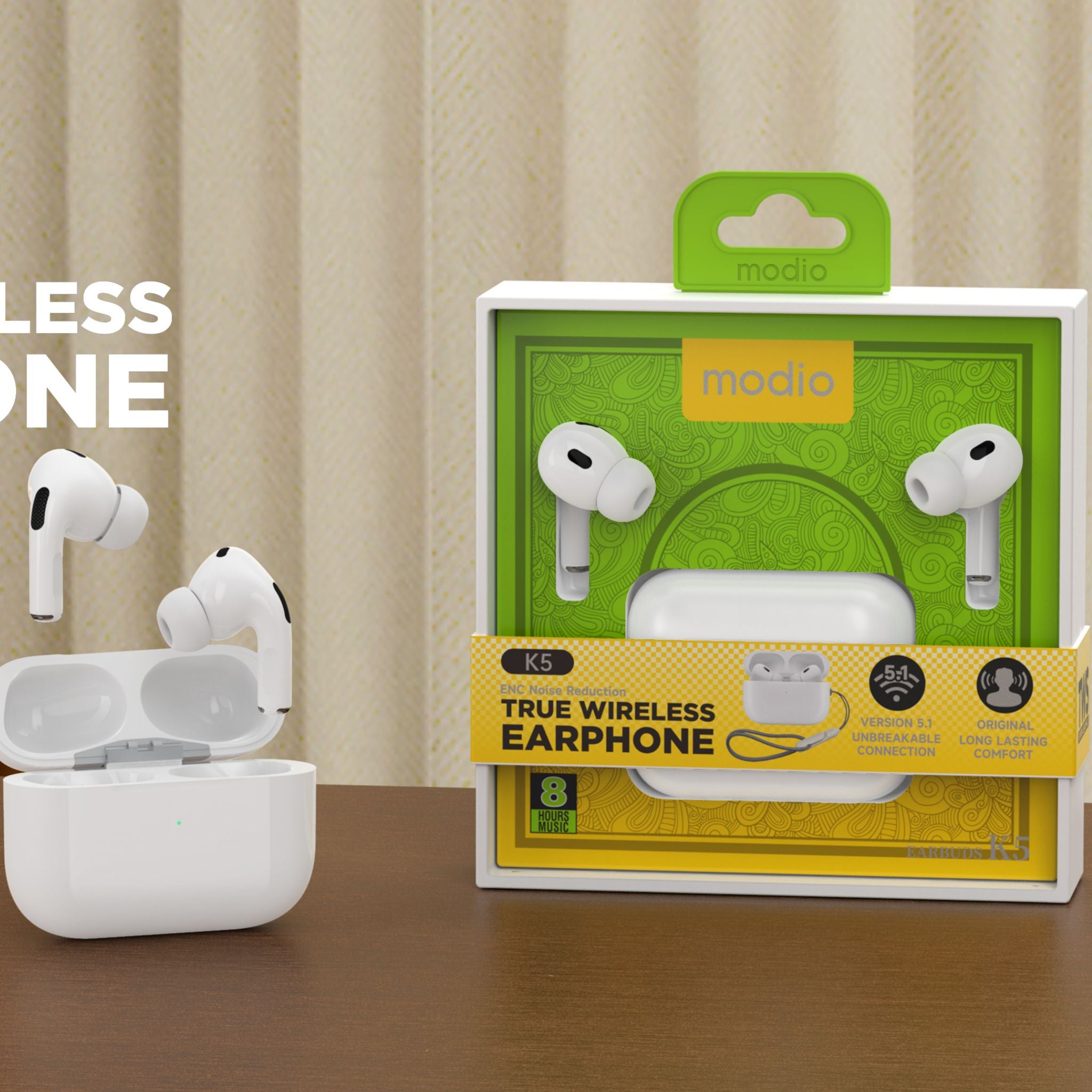 Modio K5 True Wireless Earphones – In-Ear, White, Ergonomic Comfort, Bluetooth V5.3, Ultra-Low Latency, Extended 10m Range, High-Quality Audio, Seamless Connectivity, Free Charging Case Included