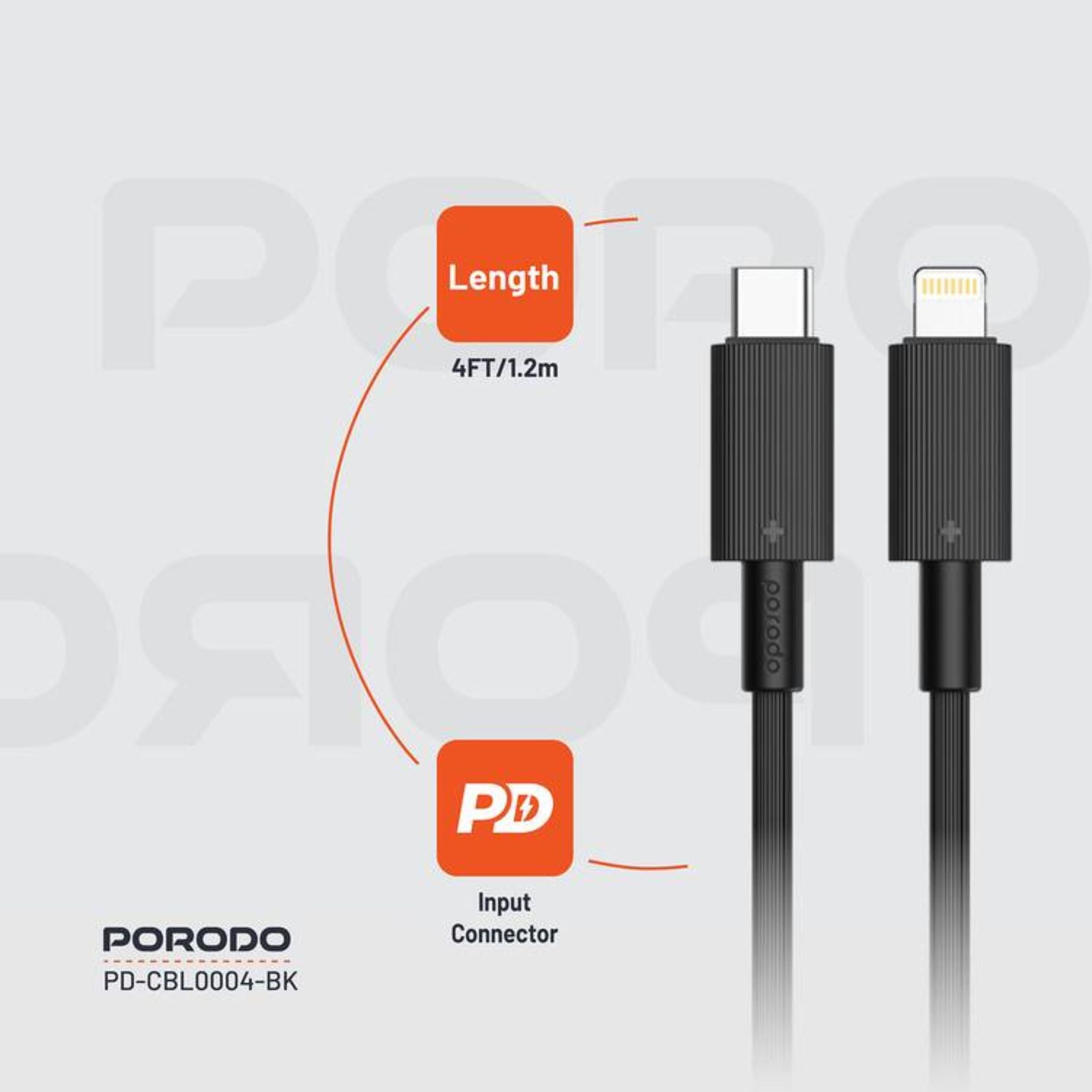 Porodo USB-C to Lightning PVC Cable, 480Mbps Transfer Speed, PD 27W, More than 15000 Bends Life Span, 1.2m Cable Length, Tangle Free - Black