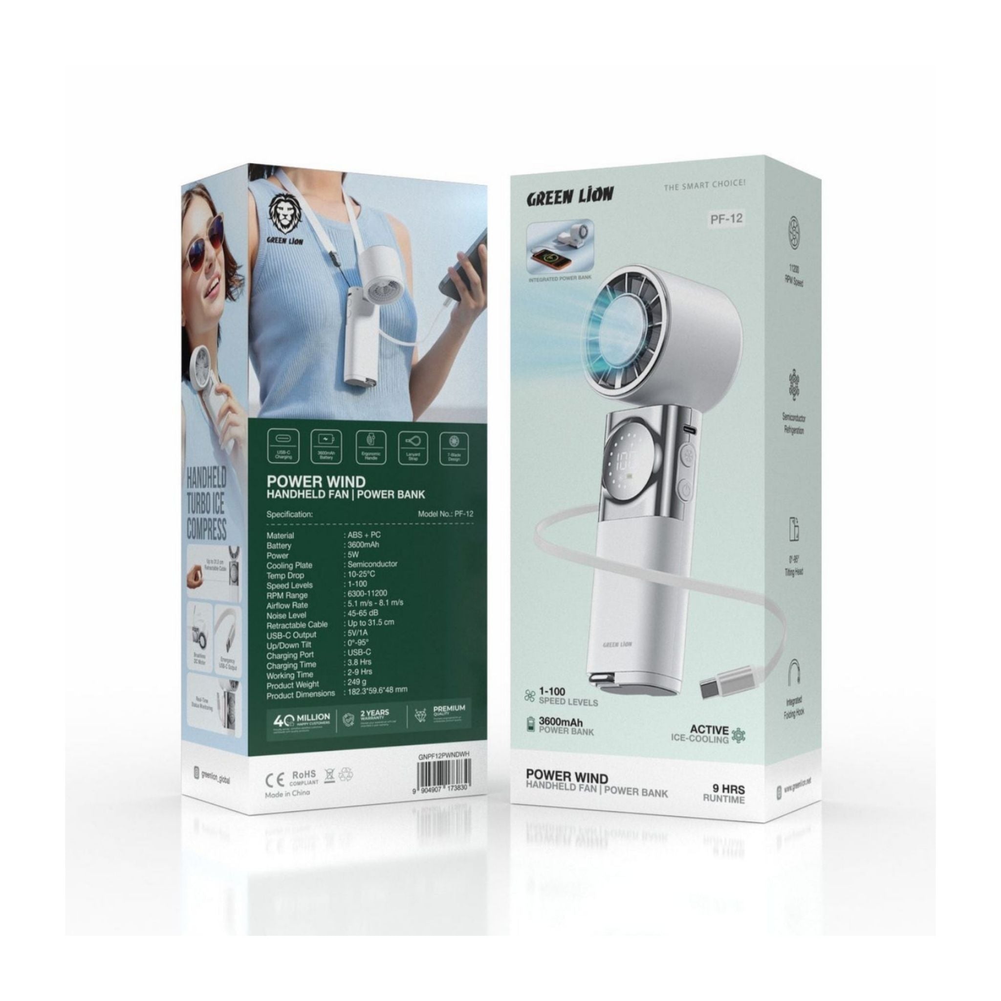 Green Lion Power Wind Portable Fan Instant Cooling with 3600mAh Power Bank and USB-C Charging