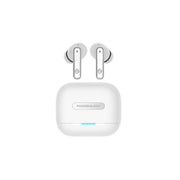 A white Powerology true wireless earphone with a charging case, featuring earbuds and a USB Type-C charging port.