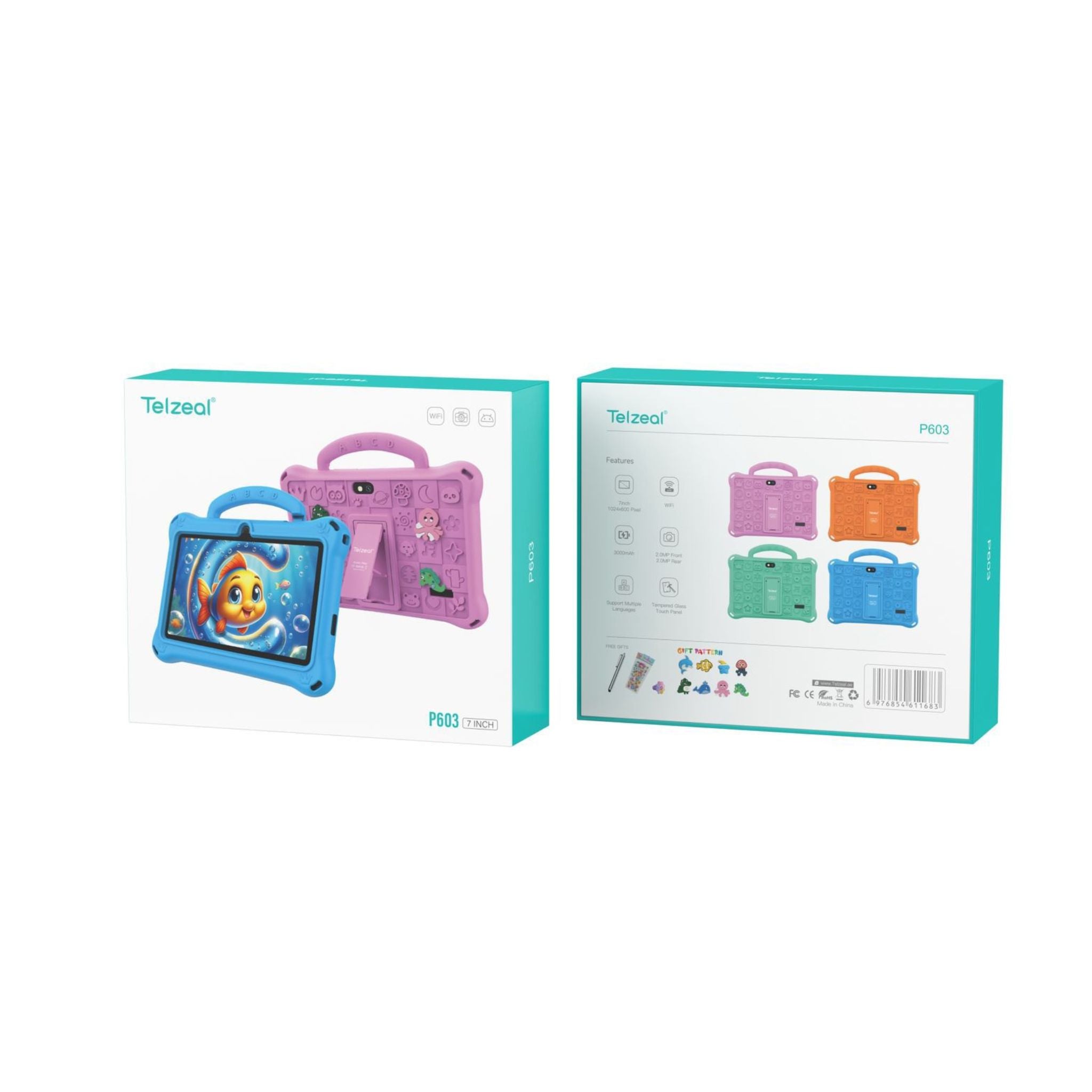 Telzeal P603 Kids Tablet – 7 Inch Display (6+128GB) 1024x600 HD Display, Wi-Fi, 3000mAh Battery, 2MP Front & Rear Cameras, Tempered Glass & Touch Panel + Free Gifts-Blue