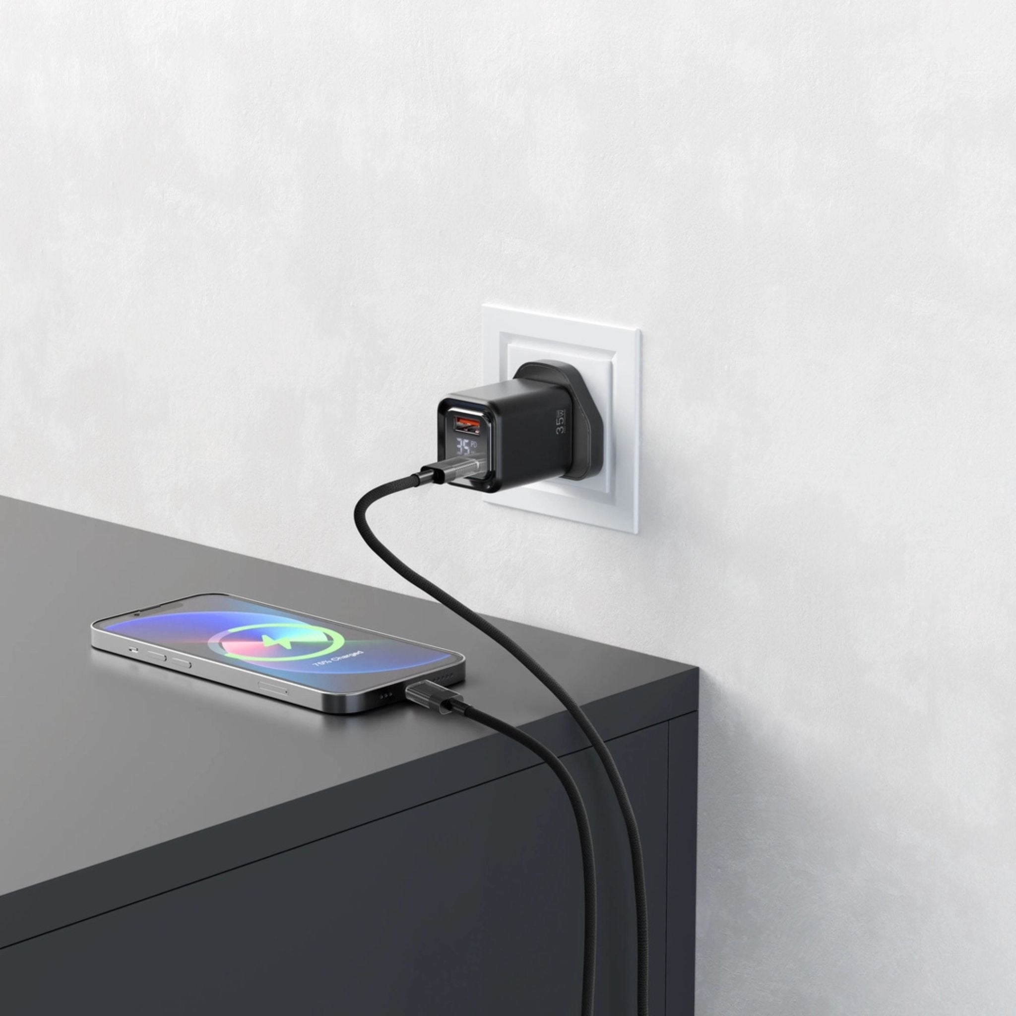 Porodo  PD35W GaN Display Screen USB +C Fast Charger UK Plug with  Type-C Transparent Cable - Black