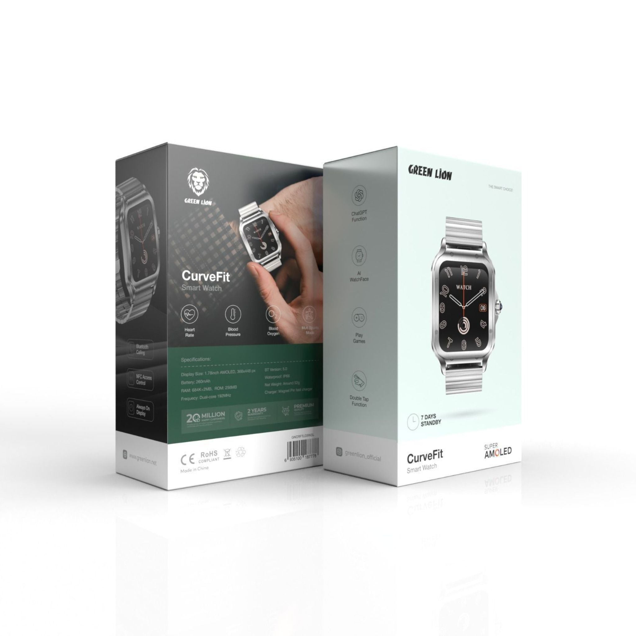 Green Lion CurveFit Smart Watch AMOLED, 260mAh Battery, 5.0 BT Version - Silver