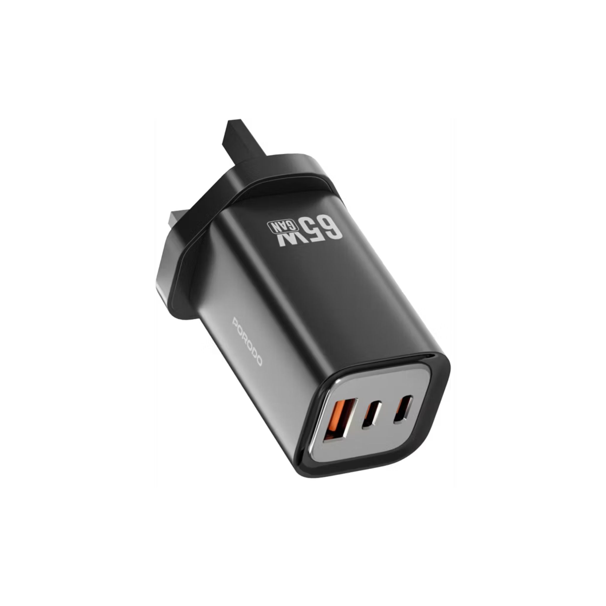 Porodo Triple Output Quick Wall Charger with 65W Power Delivery, Built-in Safeguards, Simultaneous Charging, 22.5W USB-A Output, Laptop Charging Compatibility - Black