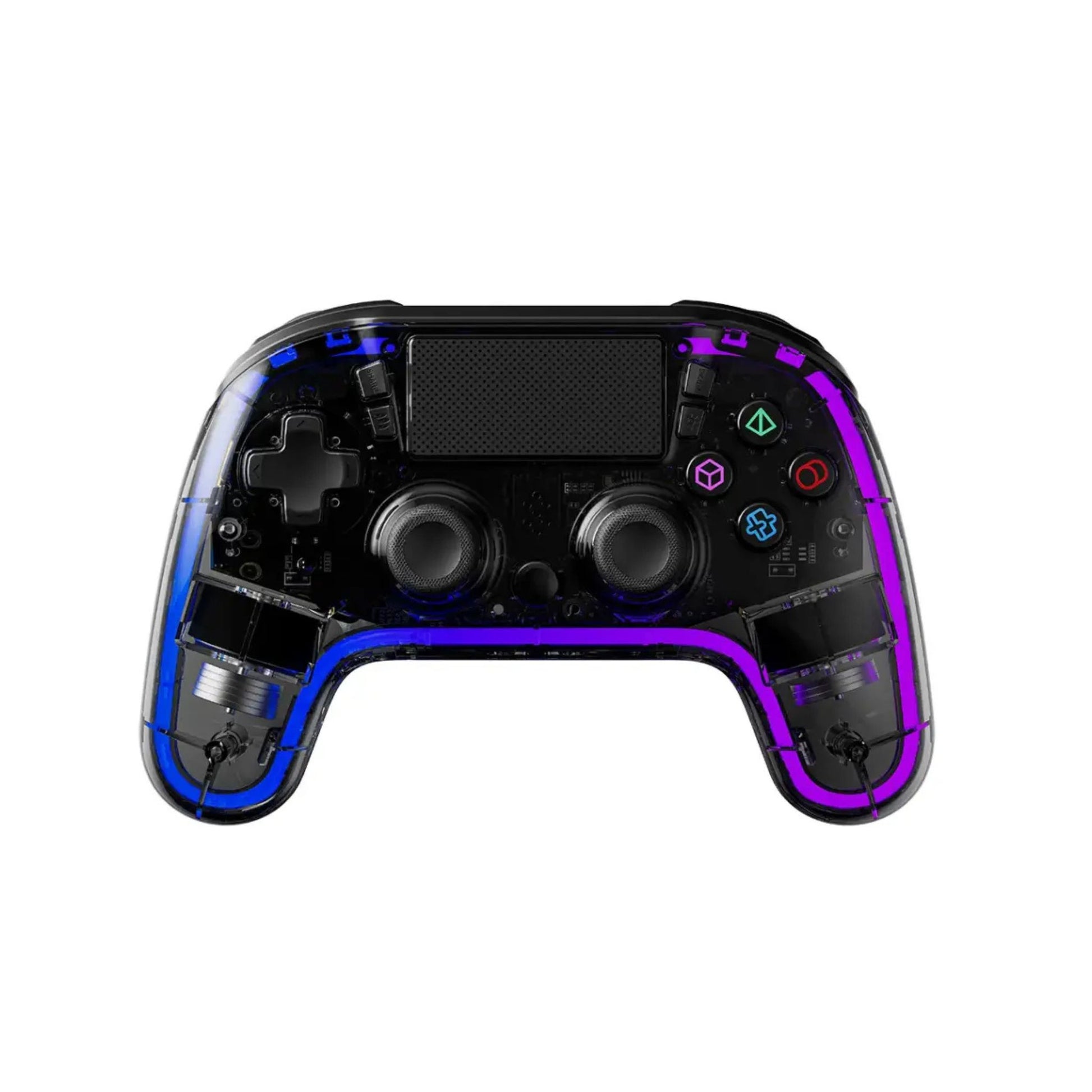 A black Porodo Gaming PS4 Gamepad with transparent elements showing internal components and blue LED lights.