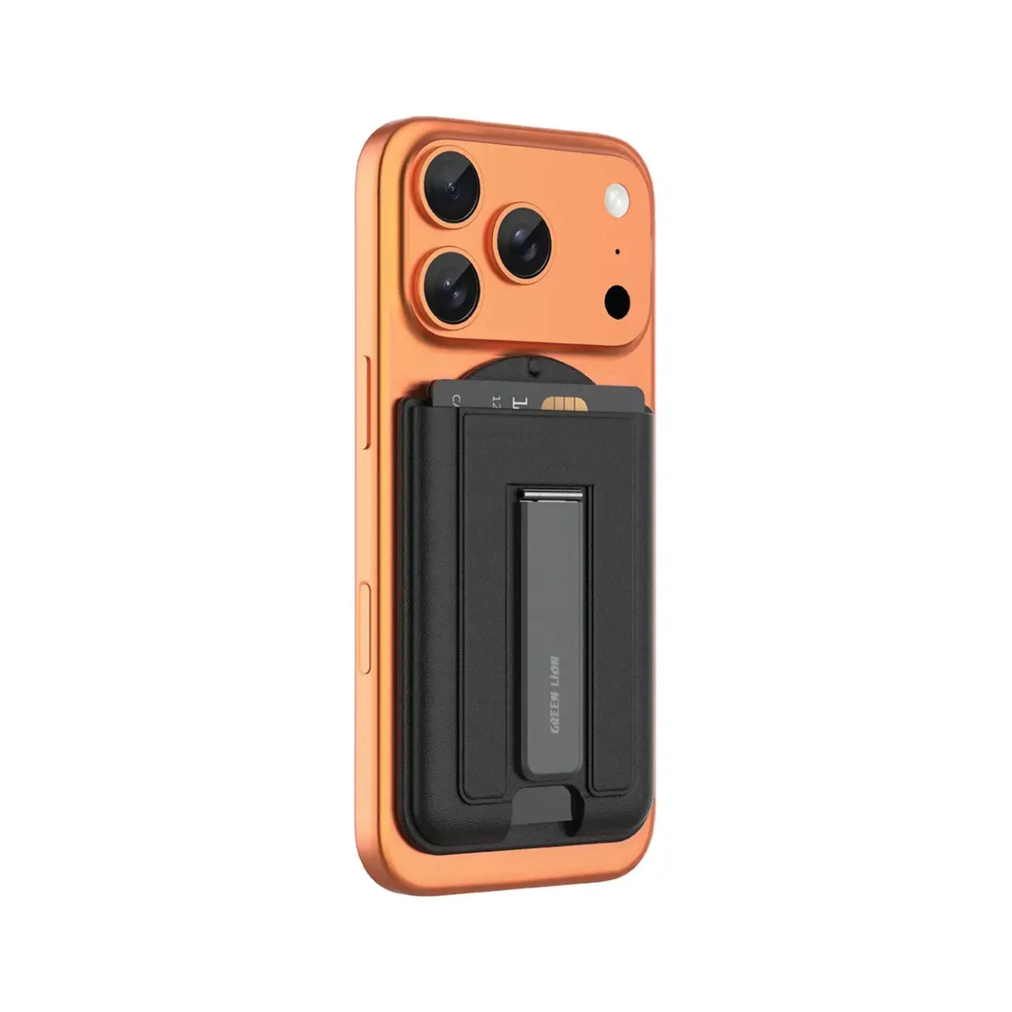 Green Lion Mag Wallet Kickstand Card Holder, MagSafe Compatible, Ultra-Slim Design, 2-Card Storage, N52 ×21 Magnets, Adjustable Kickstand 0°–135°, Aluminum Alloy + PC – Black