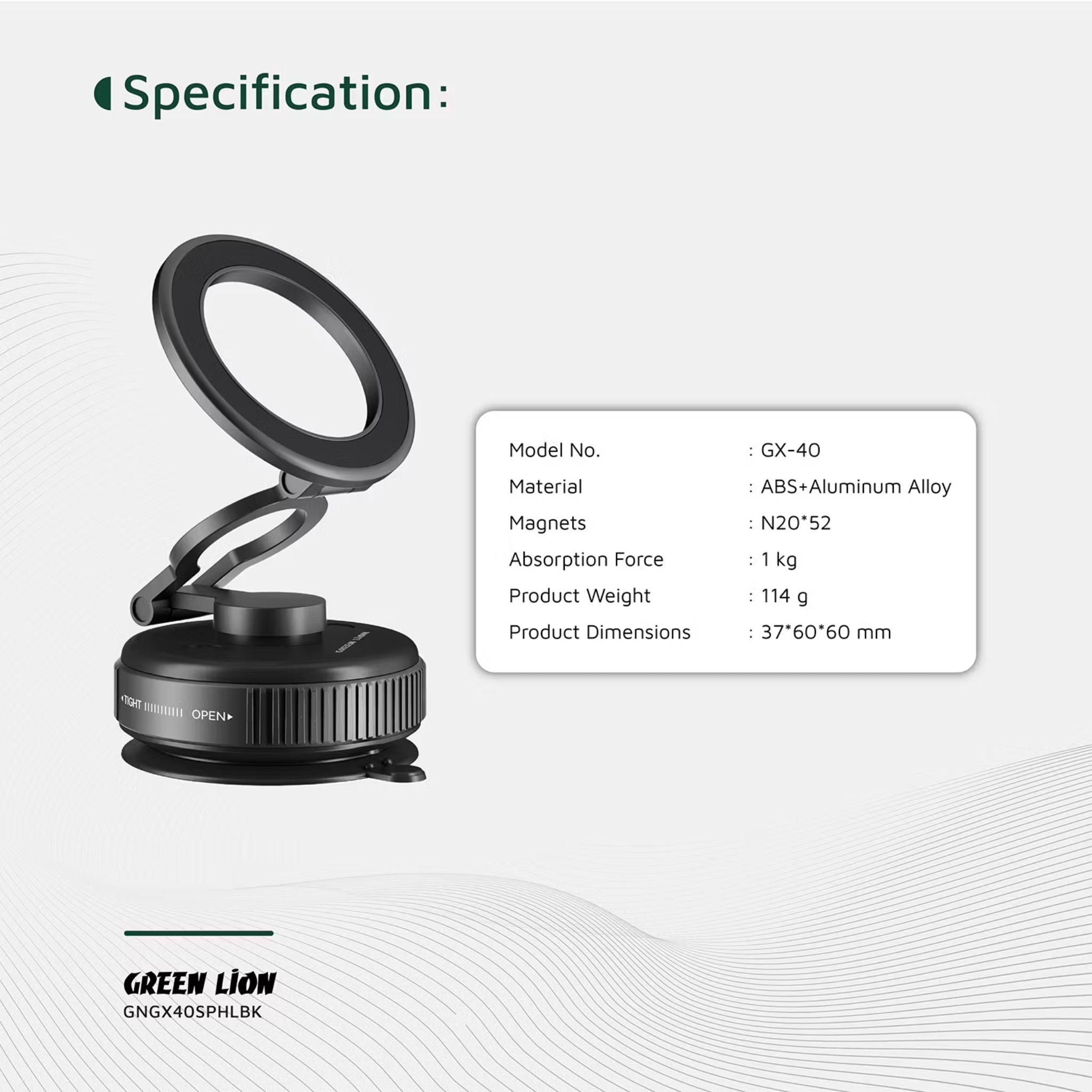 Green Lion GX-40 MagSafe Suction Phone Holder with Strong Suction Cup, MagSafe Compatible, Foldable & Rotatable, 360° Rotation, 1kg Adsorption Force, Vacuum Adsorption - Black