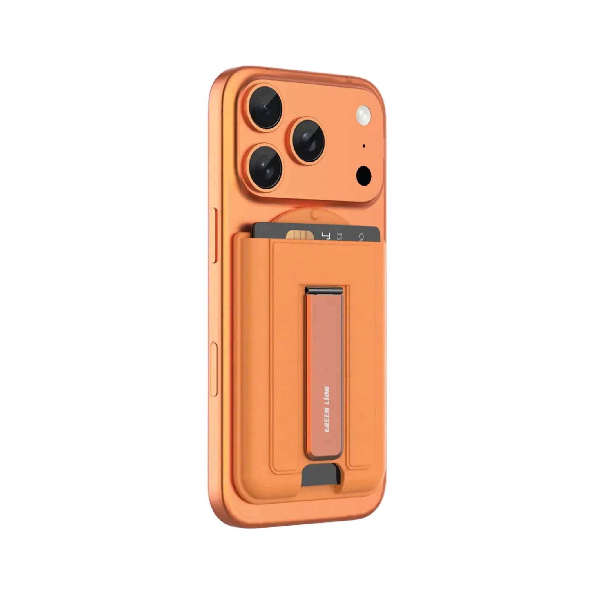 Green Lion Mag Wallet Kickstand Card Holder, MagSafe Compatible, Ultra-Slim Design, 2-Card Storage, N52 ×21 Magnets, Adjustable Kickstand 0°–135°, Aluminum Alloy + PC – Orange