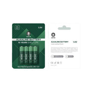 A pack of four Green Lion Alkaline AA batteries in green color, with a voltage of 1.5V, displayed on a cardboard backing with product information.