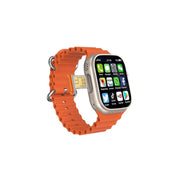 A gold-colored smartwatch with a large screen displaying multiple app icons, secured with a orange silicone strap and a metallic buckle.
