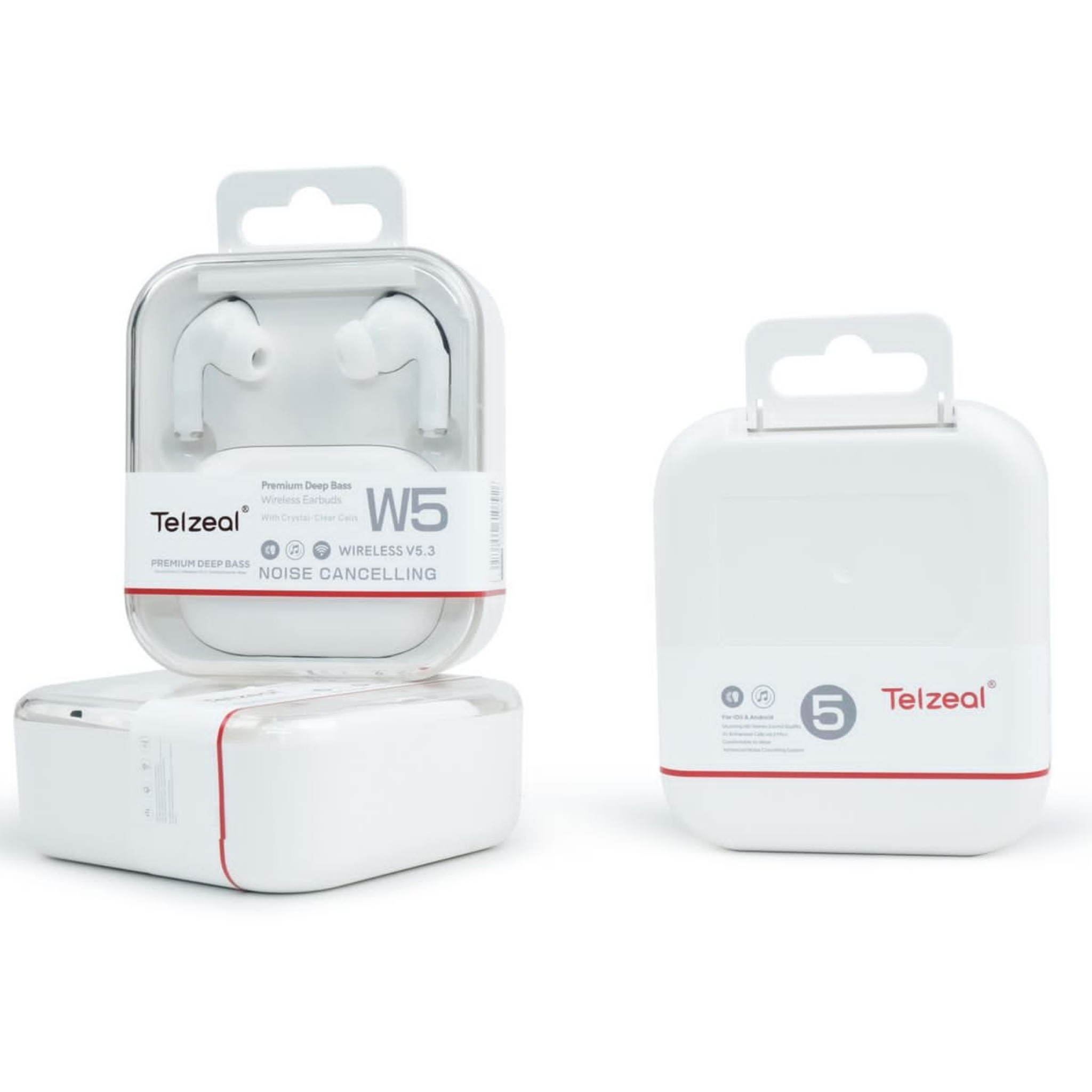 A pair of white Telzeal W5 premium deep bass intelligent noise cancelling headphones displayed in its packaging.
