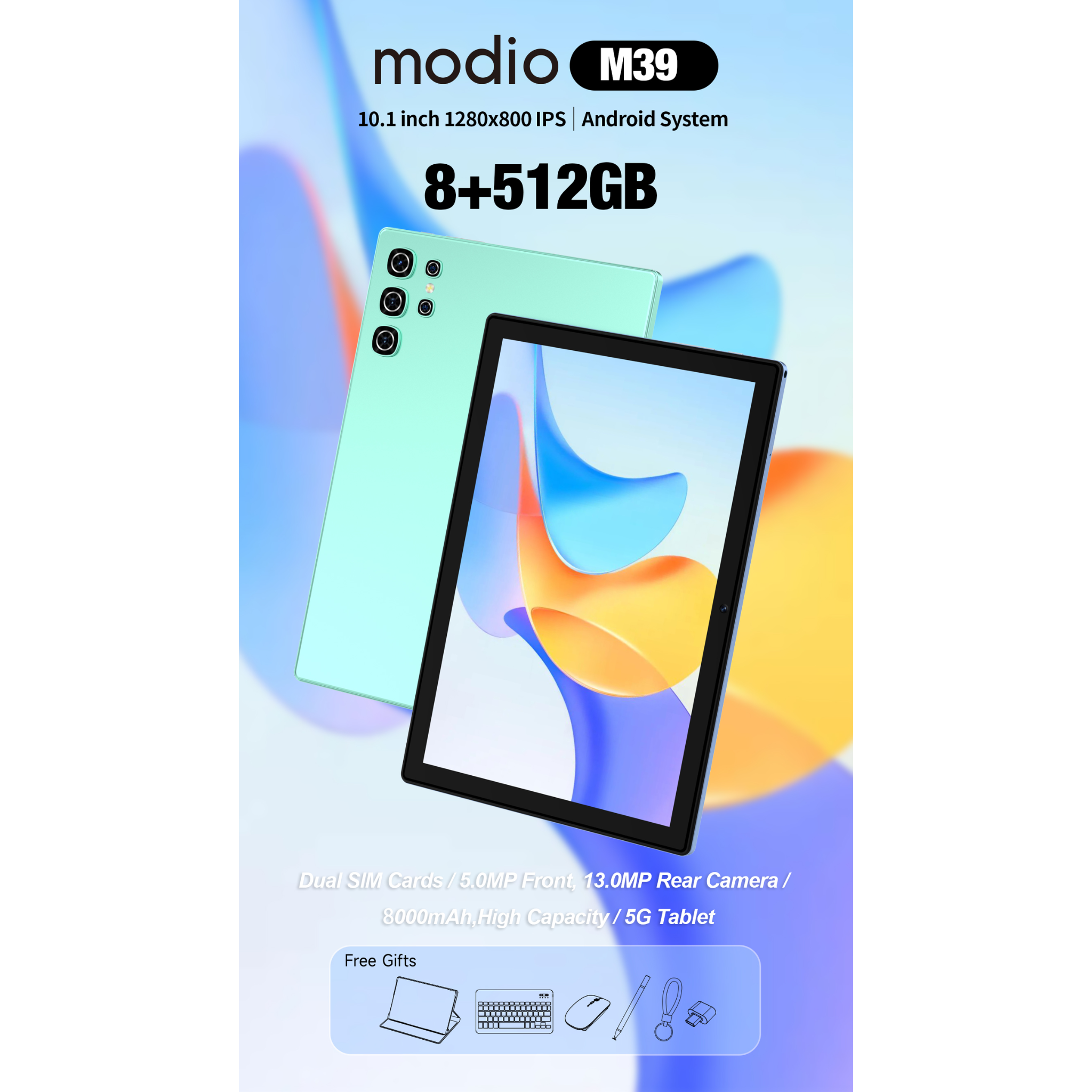 Modio M39 10.1" Android Tablet PC,8GB RAM 512GB ROM, Dual SIM 4G, WiFi, Bluetooth, Dual Camera – Large Display, Fast Performance-Blue